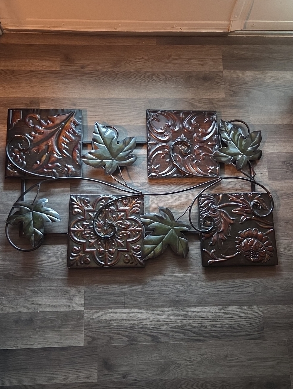Metal Leaf and Tile Wall Art - Antique Copper and Green 34 X 21 Inches